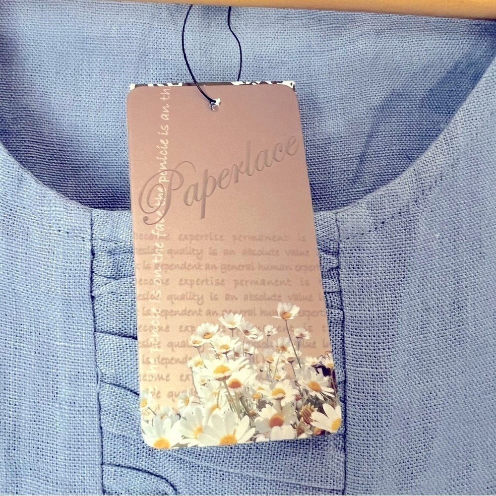 Paper Lace Sleeveless Linen Top Cornflower Blue Minimalist Contemporary Coastal - Picture 4 of 11